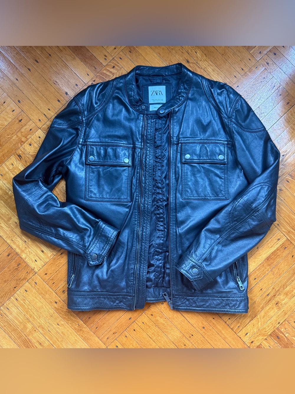 Zara Men's Black Leather Biker Jacket